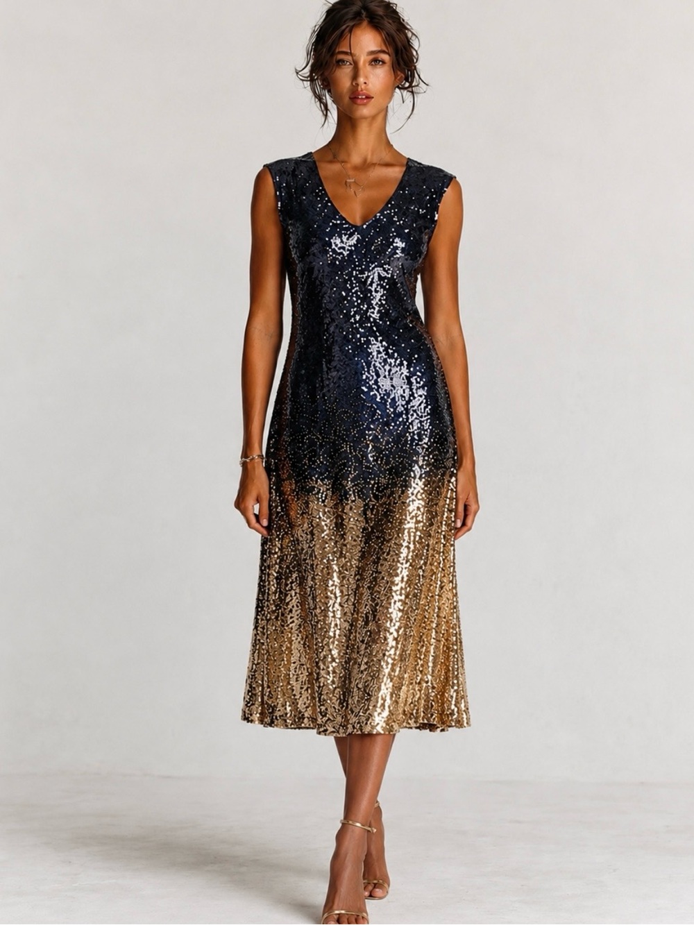 New🌺$428 Johnny Was Selya Sequin Midi Dress Navy Gold Ombré V-Neck NWT Size 10